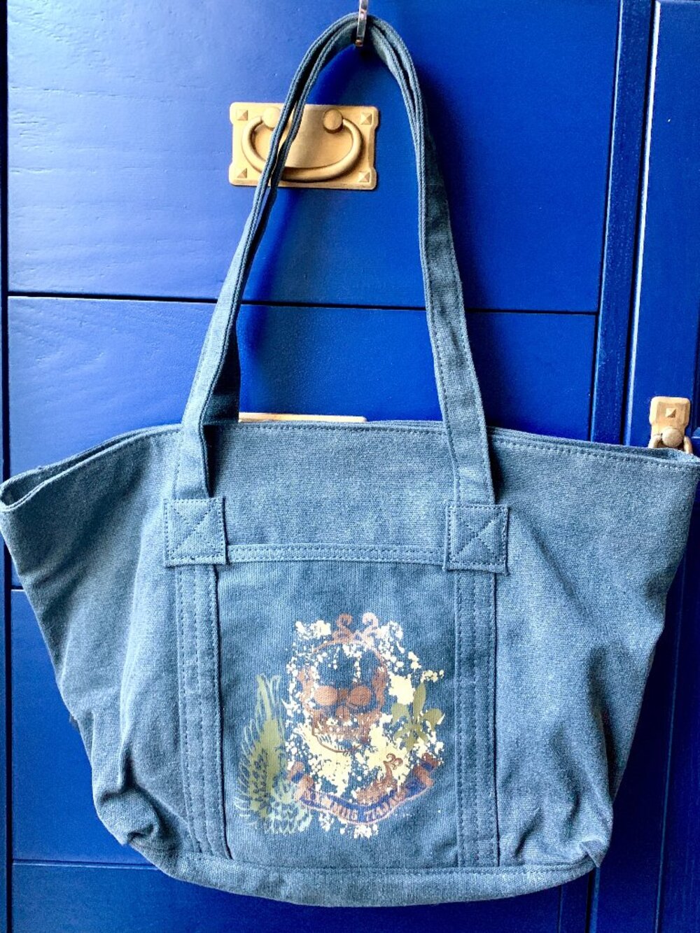 NWOT Airwalk Y2K Dark Gray Canvas Tote Gold Skull Wings Striped Lining